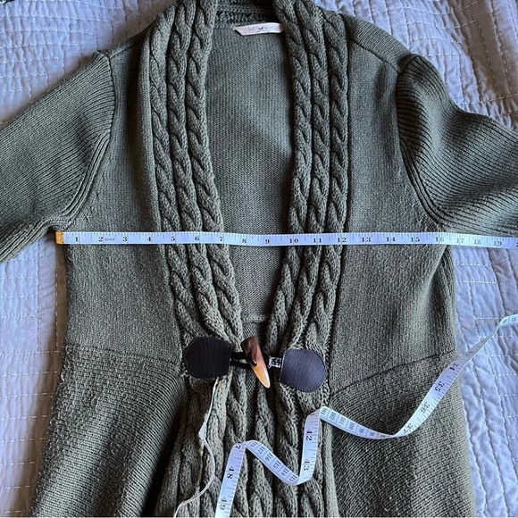 SOFT SURROUNDINGS ~ Green Asymmetric Cable Knit Wool Blend Cardigan with Clasp - Picture 4 of 12